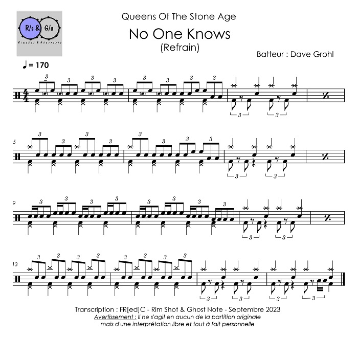 Partition batterie du refrain de No One Knows des QOTSA